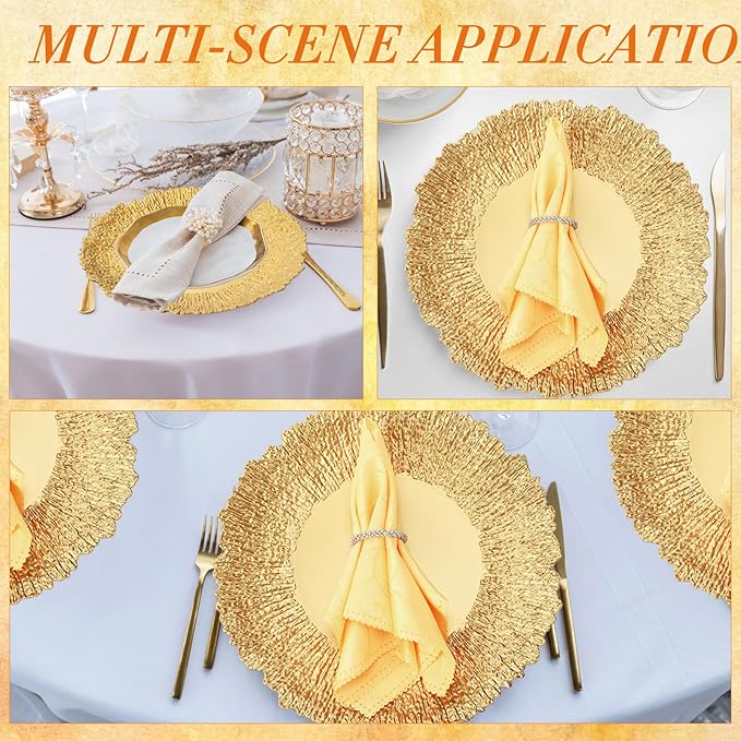 24 Pack Metallic Charger Plates 13inch Round Elegant Serving Plates Plastic Disposable Chargers Bulk Dinnerware Set for Dinner Wedding Party Events Catering Decoration (Gold,Embossed Rim)
