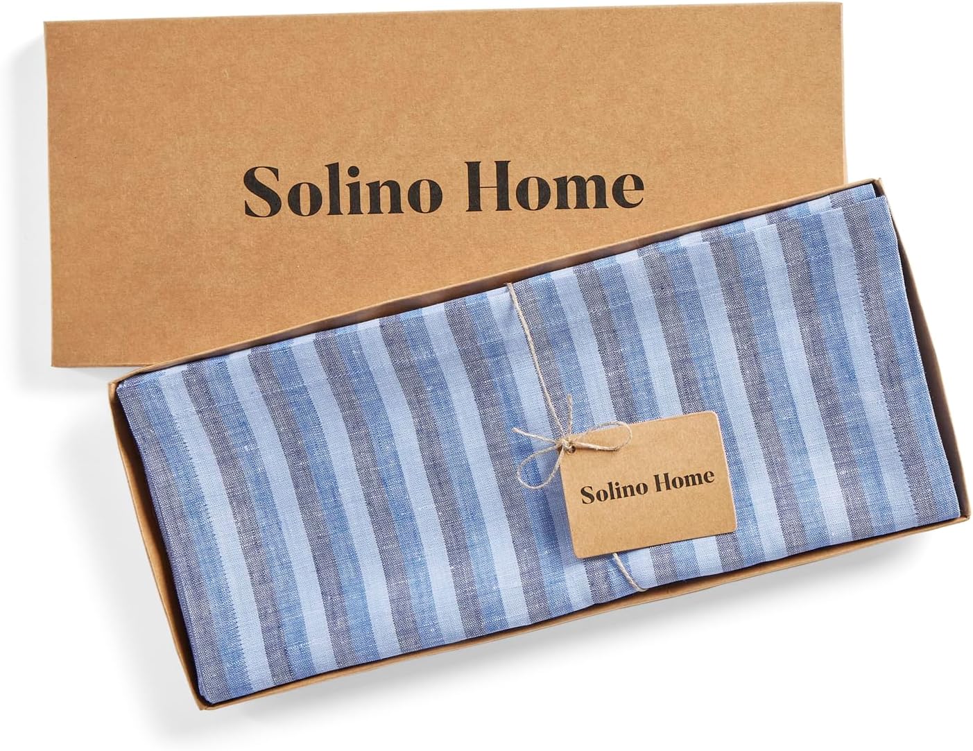 Solino Home Striped Linen Table Runner 60 Inches - Amalfi Stripe, 100% Pure Linen Bistro Blue Small Table Runner 14 x 60 Inch Ideal for Dresser and Coffee Tables