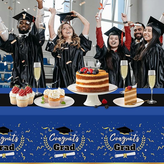 Childom 2 Pack Graduation Tablecloth,Graduation Decorations Class of 2026 Graduation Party Decorations,54"x108" Blue and Gold Plastic Table Cloth Disposable Rectangle for Home,School,Party Supplies