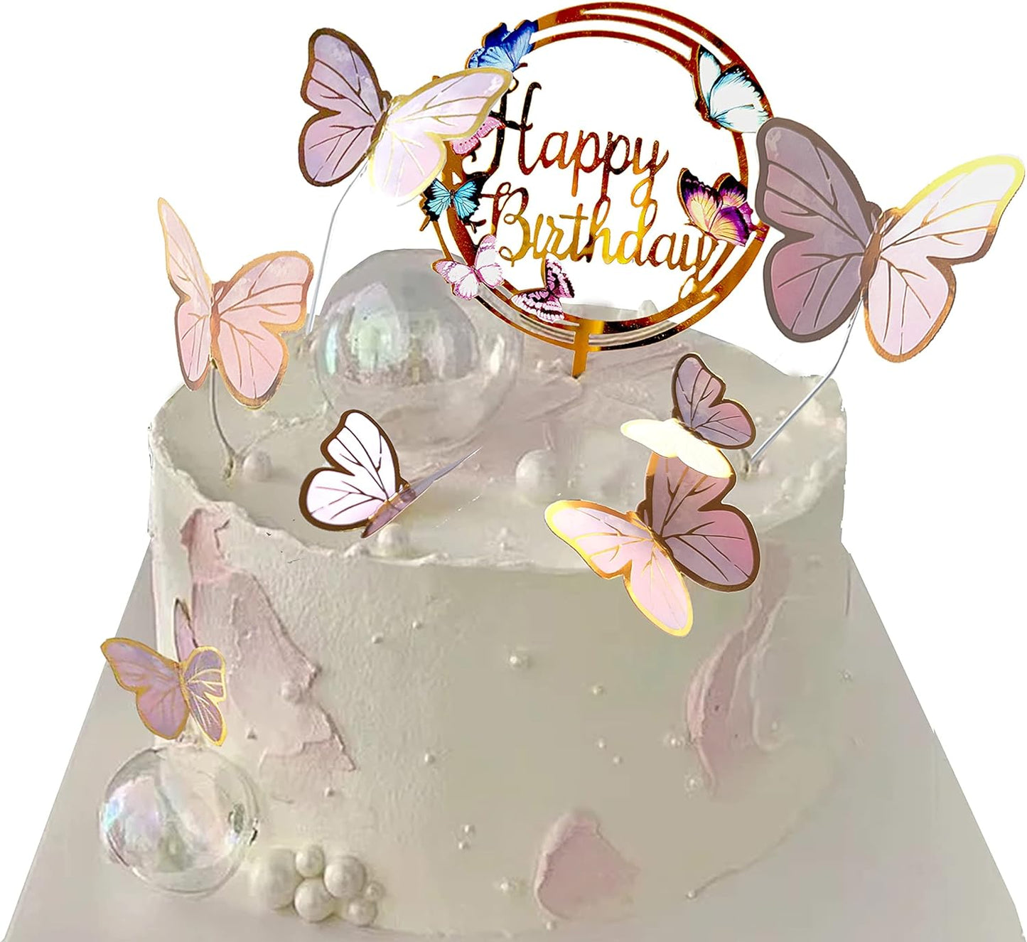 Colorful Butterfly Cake Decorations Set - 1 Large Happy Birthday Cake Topper & 20 Bronzing Striped Purple-Pink Butterfly Cupcake Toppers - Perfect for Girls Women Birthday Celebration