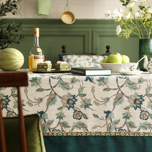 patdrea Designer Green Linen Long Table Cloth for Rectangle Table,Vintage Floral Pattern Durable Tablecloth,French Cover Decor for Kitchen Dining,Christmas,Thanksgiving,Tea Party,63"x102"-Noah