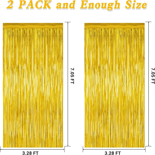 2 Pack Gold Tinsel Backdrop, 3.28 FT x 7.05 FT Metallic Fringe Curtain, Gold Color Graduation Backdrop Party Streamers, Party Supplies Door Decorations for Birthday Anniversaries