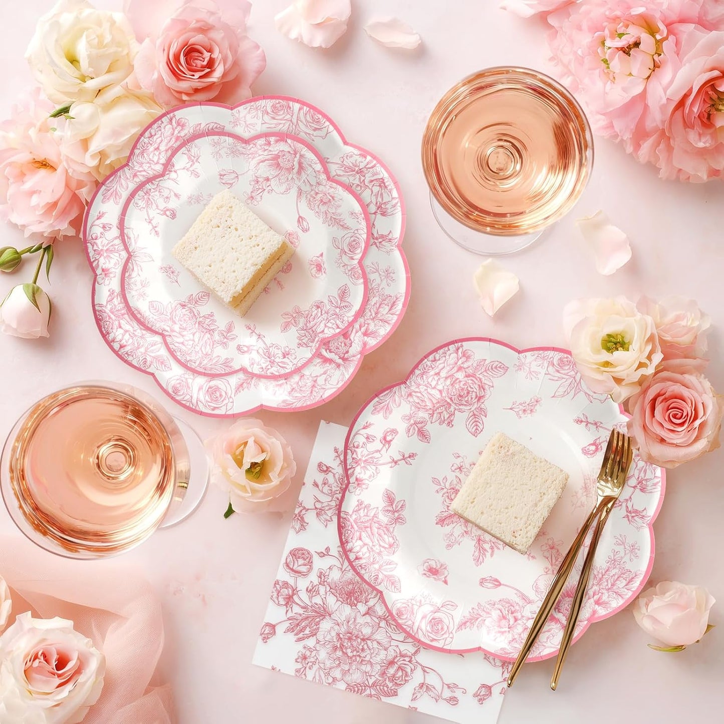 96pcs Party Plates Pink Flower Disposable Tableware Set 7"&9" Paper Plates, Cups and Napkins for 24 Guests Party Table Supplies for Tea Party Baby Shower Brial Shower Birthday Wedding