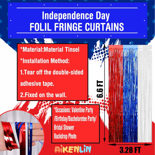 4 Pack 3.2Ft x 6.6Ft Red Blue White Foil Fringe Curtain Backdrop, Metallic Tinsel Foil Fringe Streamers Curtains Background for Photo Booth, Birthday, Wedding, Independence Day Party Decoration
