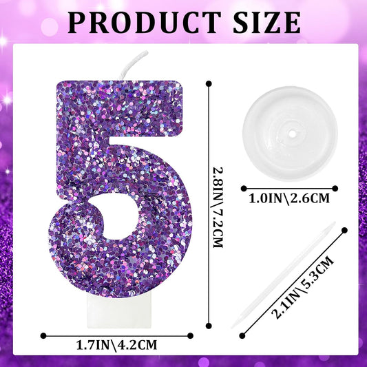 Birthday Number Candles, Glitter Number Candle Cake Decorations with Sequins, Cupcake Decorations for Girls, Women, Party Anniversary Celebrations (Number 5, Purple)
