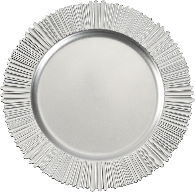 13" Line Silver Charger Plates, Classic Chargers for Dinner Plates, Reusable Plastic Table Setting Bulk Event, Party, Wedding, Festival, Baby Shower