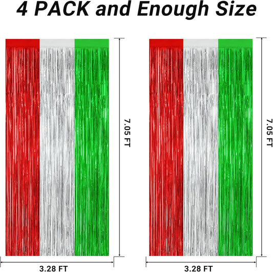 4 Pack Christmas Curtains, 3.28 FT x 7.05 FT Red Silver Green Foil Backdrop, Metallic Foil Fringe Curtains Party Streamer Picture Backdrop, Christmas Door Decorations Photo Props Party Supplies