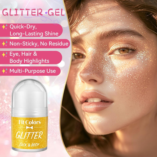 Roll-on Body Glitter, Long-Lasting Holographic Face Glitter Makeup Gel for Hair, Nails & Face Paint, Festival Rave Accessories, Party Concert Mermaid Shimmer (Gold)