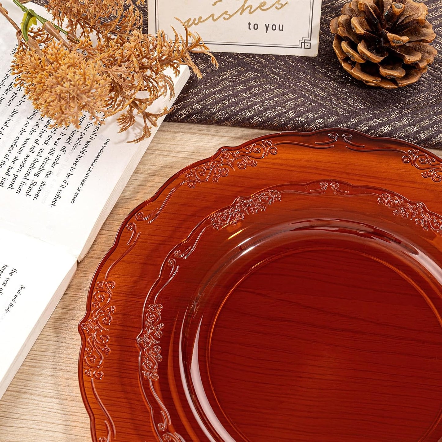 U-QE 100PCS Amber Plastic Plates - Clear Brown Plastic Plates Disposable Heavy Duty - Disposable Plates for Party Including 50PCS 10'' Dinner & 50PCS 7.5'' Dessert Plate