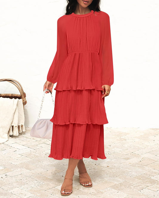 ZESICA Women's 2025 Long Sleeve Crew Neck Ruffle Tiered Layered Chiffon Flowy Swing Long Midi Dress