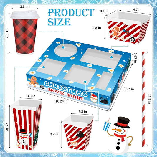 Bokon 172 Pcs/ 24 Sets of Christmas Movie Night Snack Trays 3 Sizes Snack Boxes, 16 oz Disposable Drinks Cups, 50 Straws, Complimentary Sealing Stickers for Cinema Party Decoration(Paper,Stripe)