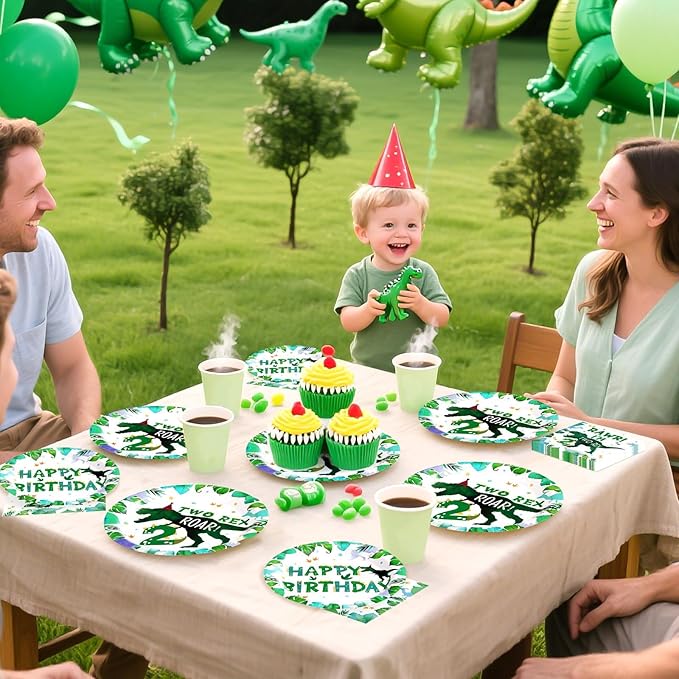 Grencian 96PCS Dinosaur 2nd Happy Birthday Party Supplies 2nd Dinosaur Plates and Napkins Forks Disposable Tableware Set for 2 Years Old Boy Birthday Party Decorations Serves 24
