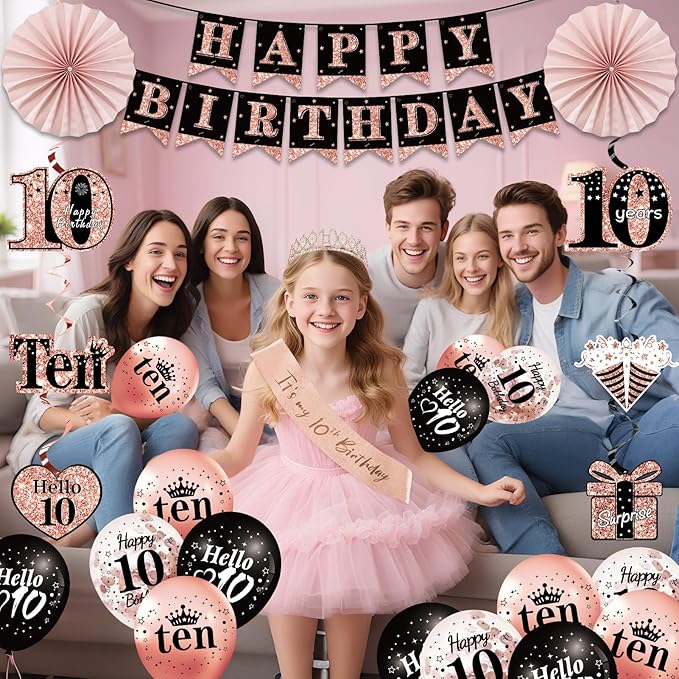 10th Birthday Decorations for Girl, 33pcs Black Rose Gold Happy 10th Birthday Banner 10 Birthday Crown and Sash Balloons Backdrop Hanging Swirls Paper Fans, 10 Years Old Party Supplies Kit