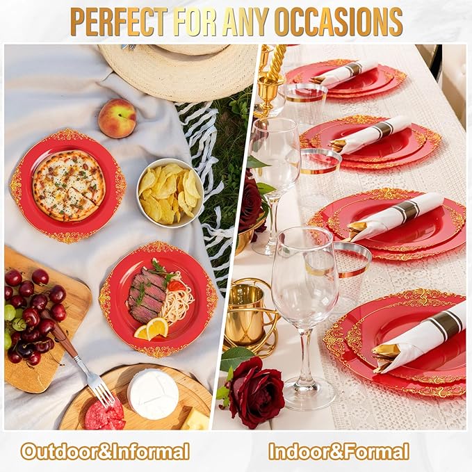 Nervure 100Pcs Red and Gold Plastic Plates - 7.5inch Red Disposable Plates - Heavyweight Plastic Plate - Dessert Plate for Wedding & Party