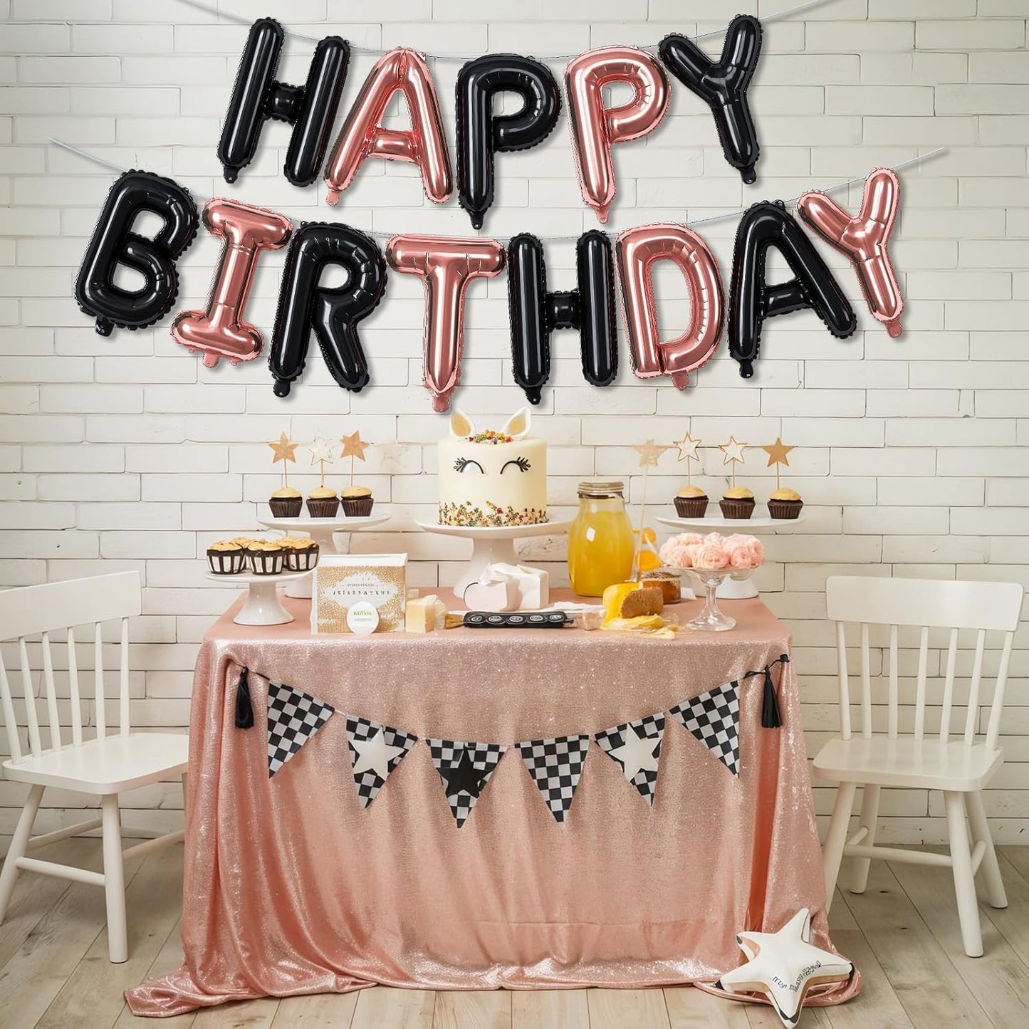 Happy Birthday Balloon Banner Rose Gold, 16 Inch Happy Birthday Foil Black Balloon, Happy Birthday Sign Bunting Banner Self Inflating Letter Balloon for Girls Women Birthday Party Decorations Supplies