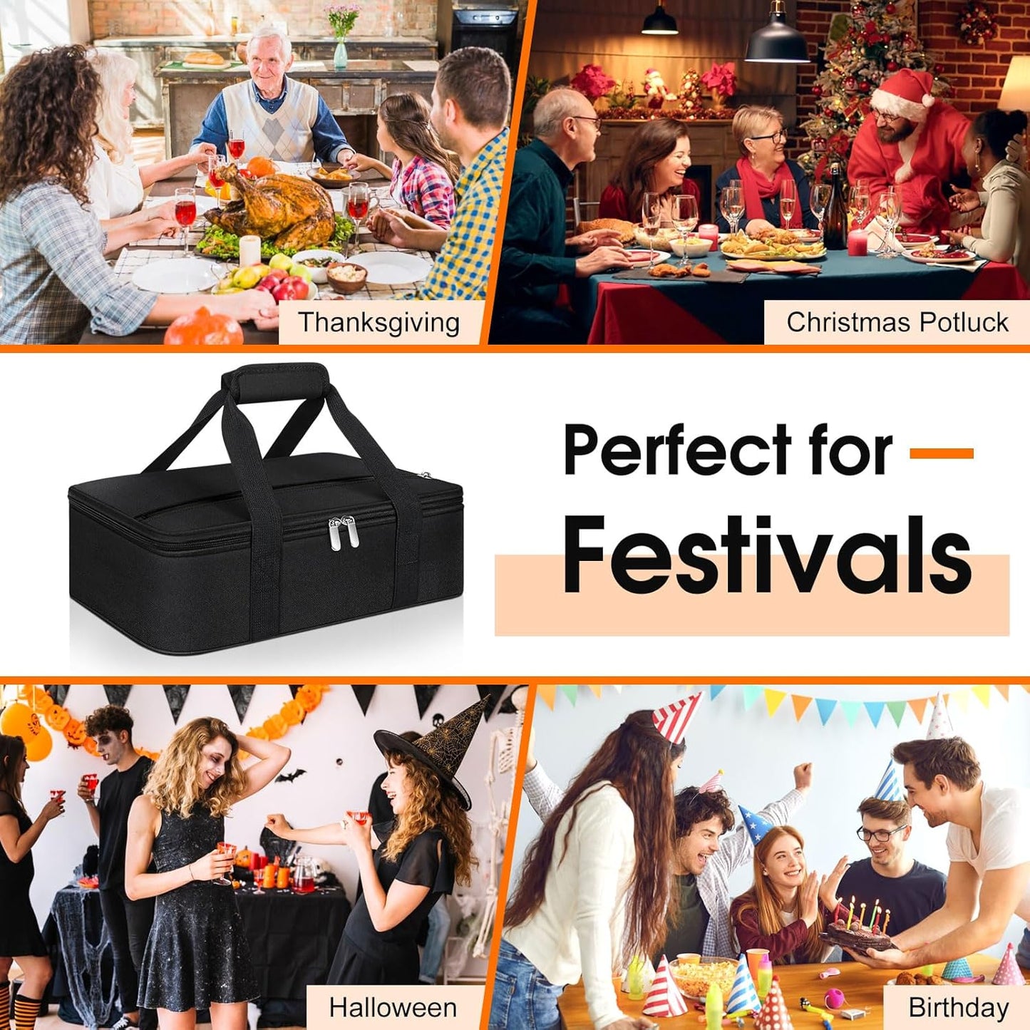 Insulated Casserole Carrier, Portable Casserole Carrier for Hot or Cold Food Lunch Tote Warmer or Cooler Bag, Lasagna Lunch Bag for Potluck Parties- Fits 9" x 13" Baking Dish-Black