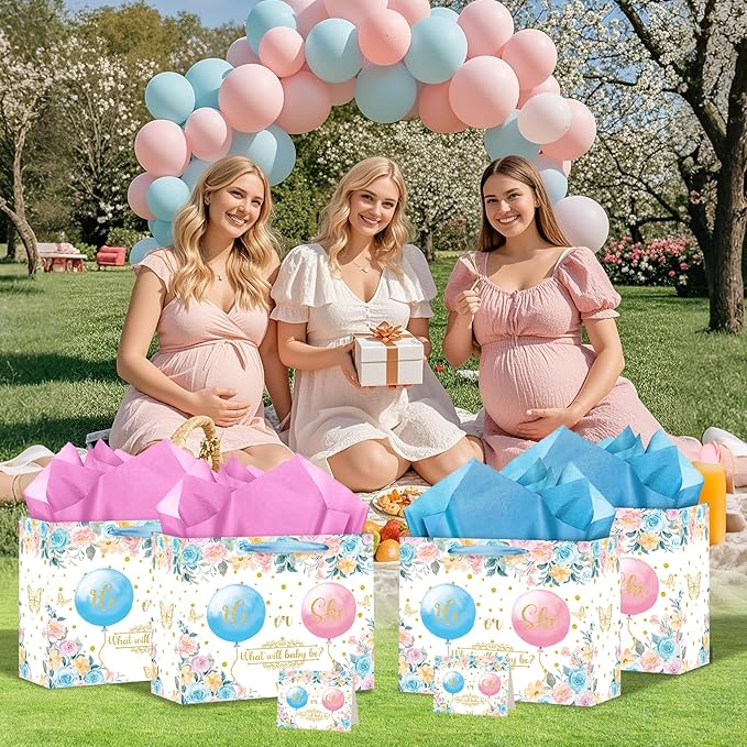 Gender Reveal Gift Bag Blue Pink Boy or Girl Paper Bag with Wrapping Paper Card What Will Baby Be Party Decoration Ballon Treat Candy Bag for Baby Shower Gender Reveal Birthday Party Supplies