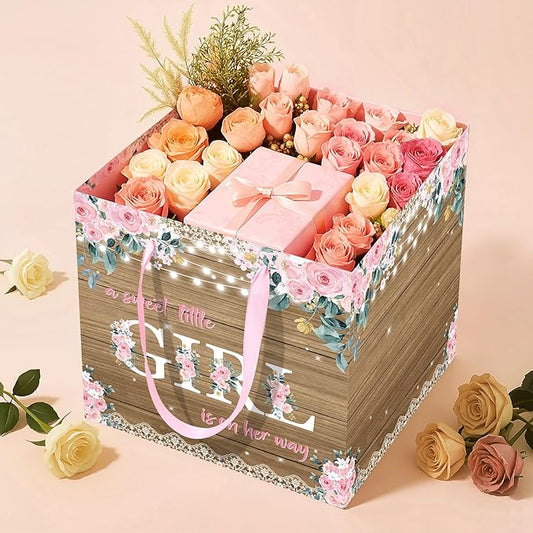 Woosytoo Extra Large Rustic Girl Gift Bag, Floral Sweet Baby Girl Square Gift Bag with Tissue Paper A Sweet Little Girl is on Her Way Wrapping Paper Bags for Baby Shower Gender Reveal Party Favors