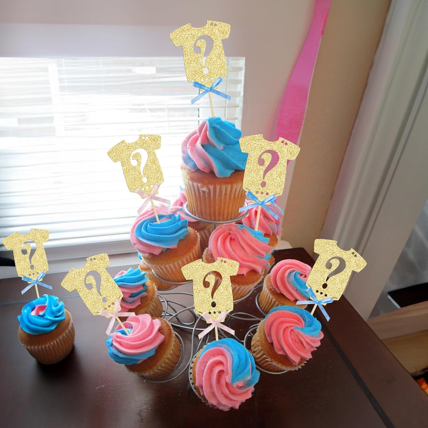 Ephlyn 24Pcs Gender Reveal Cupcake Toppers Glitter Pink Blue Bow Onesie Question Mark Boy or Girl Cake Topper Decorations for Baby Shower Theme Gender Reveal Kids Birthday Party Supplies Gold