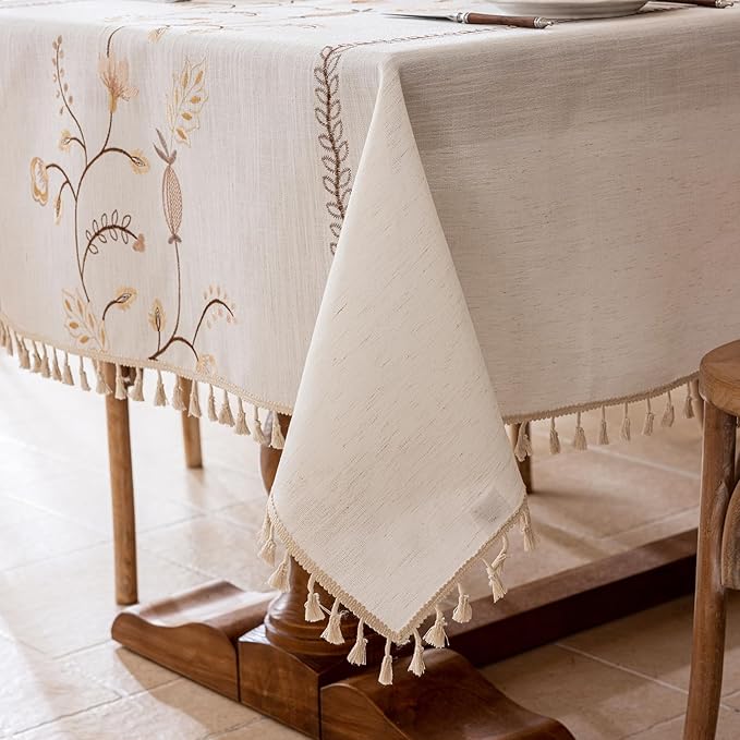 Joyfol Day Rustic Square Table Cloth, Heavy Duty Linen Florals Embroidery Tablecloths, Farmhouse Waterproof Tablecloth, Wrinkle Free Table Cover with Tassels, Coffee Berry, 55''x 55''