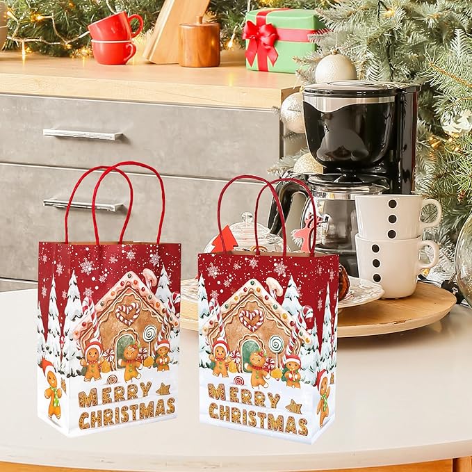 JarThenaAMCS 24Pcs Christmas Gingerbread Paper Gift Bags Merry Christmas Treat Bags with Handles Winter Snowy Candy Goodie Bag Grocery Bag for Xmas Party Supplies