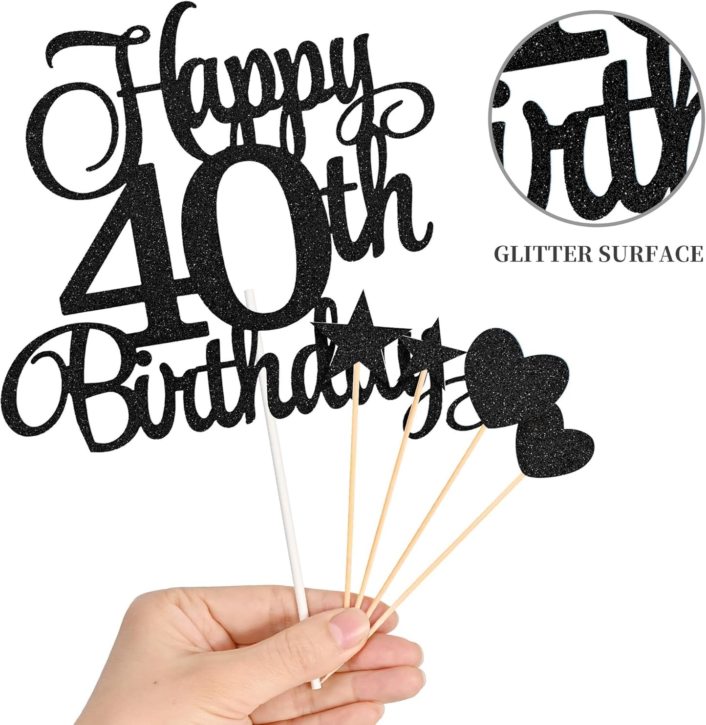 40th Birthday Cake Decorations, 40th Birthday Candles Cake Numeral Candles and Glitter Happy 40th Birthday Cake Toppers Set for Birthday Party Supplies (Black)