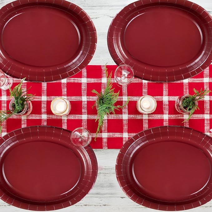 50Pcs Burgundy Oval Paper Plates 10" x 12" Heavy Duty Maroon Wine Dark Red Party Disposable Plates Valentines Day Dessert Platter for Anniversaries Wedding Birthday Holiday Party Supplies Decoration