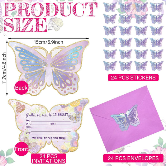 Hotop 24 Sets Butterfly Birthday Invitations with Envelopes and Stickers FOR GIRLS Party Invitations for Kids Birthday Baby Shower Party
