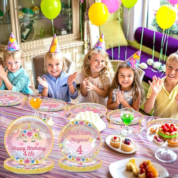 96PCS Four Ever Magical Party Paper Plates and Napkins Unicorn 4th Birthday Party Decor Rainbow Unicorn Plates Girls 4 Year Old Tableware Set for 24 Guests Magical 4th Birthday Gatherings Decorations