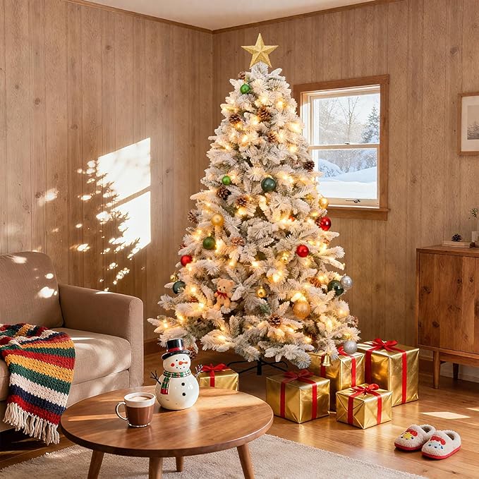 7Ft Warm Christmas Tree,Snow Flocked Artificial Hinged Holiday Christmas Pine Tree,Xmas Tree with 1400 Snow Flocked Branch Tips for Home,Office,Party Decoration