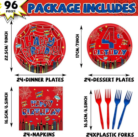 96Pcs Spider 4th Birthday Party Decorations Cartoon Spider Theme Plates Napkins Red Blue Hero Tableware set Super Theme Hero 4th Birthday Decoration Favors for Kids 4 Year Old Party Supplies Serve 24