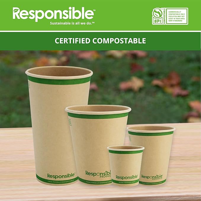 Responsible Products Certified Compostable 6 oz Paper Cups, Cold & Hot Coffee Cups, Disposable Paper Cups, Extra Strength Disposable Cups, Made without PFAS (50 count)