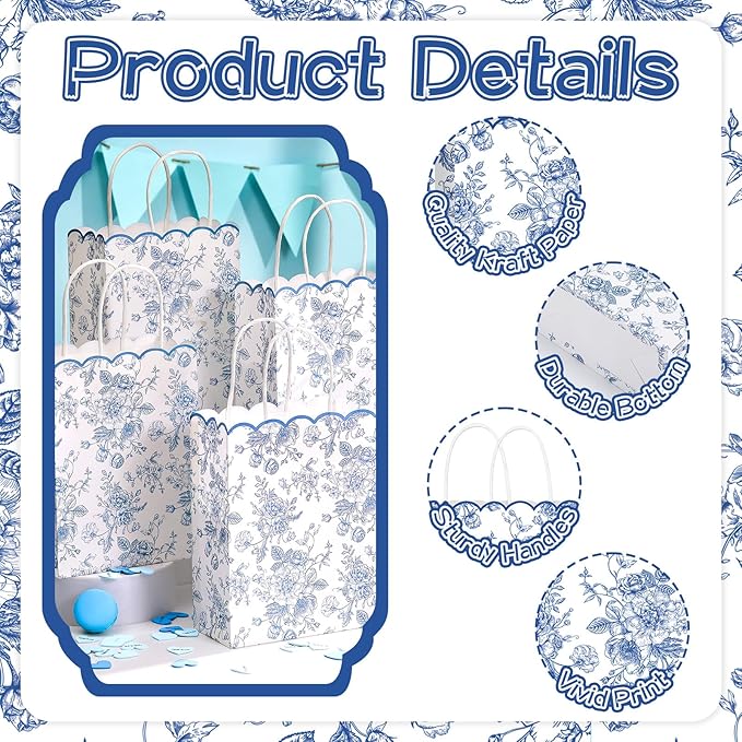 Kolldenn 24 Pcs Blue Floral Gift Bags with Handles Wildflower Party Favor Candy Treat Goodie Bags Scalloped for Birthday Decoration for Bridal Baby Shower Party Supplies