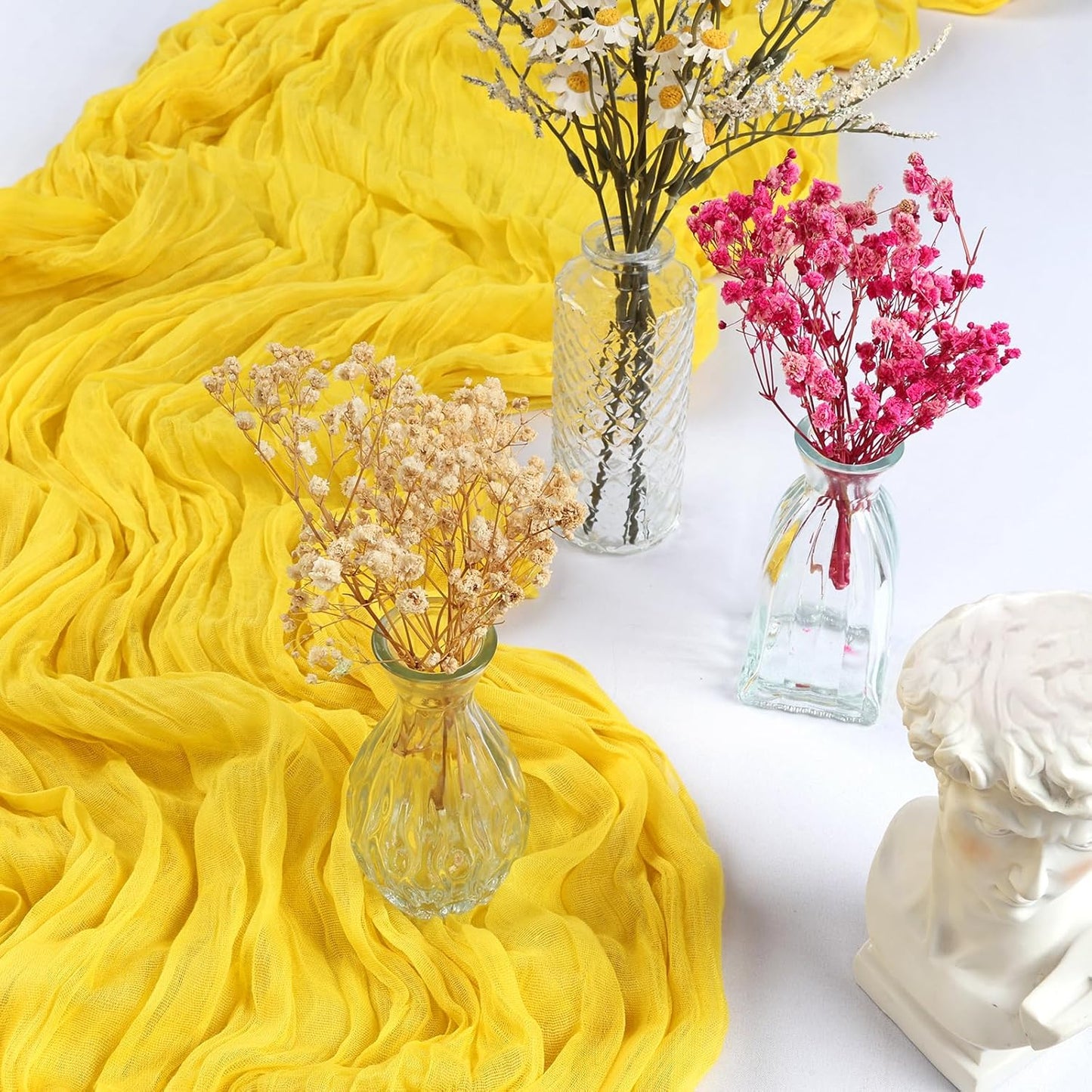 12 Pack 10FT Lemon Yellow Cheesecloth Table Runner 35x120 Inch Gauze Rustic Boho Table Runner Cheese Cloth for Wedding Decor Birthday Party Bridal Baby Shower Table Centerpiece Decoration