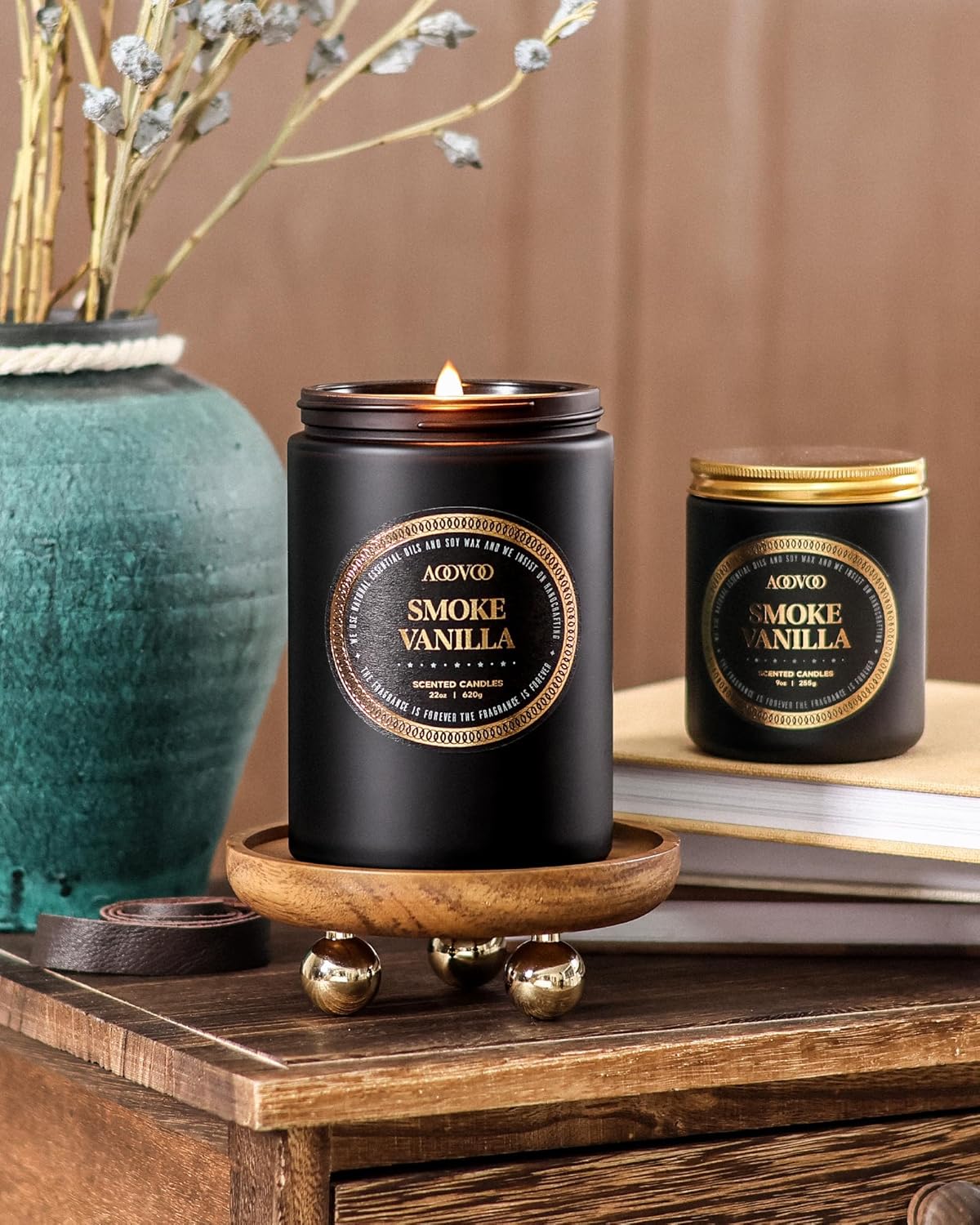 AOOVOO Scented Candles for Men - Large 22oz 120 Hours of Burn Time, Smoke & Vanilla Candles for Home Scented | Crackling Wood Wick Soy Candle | Strong Fragranced Black Candle Gift for Women & Men