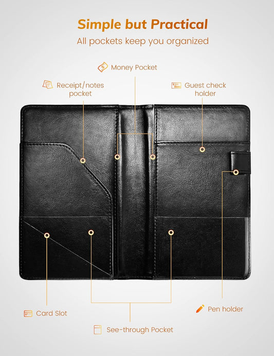 Mymazn Server Books for Waitress Book Server Wallet Server Pads Restaurant Waitstaff Organizer, Guest Check Book Holder Money Pocket Fit Server Apron (Black/Gold Moon Star Pattern)