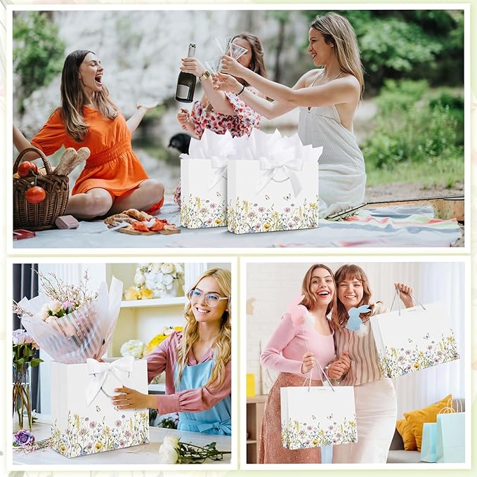 Maitys 12 Sets 13" Large Wildflower Gift Bag Spring Butterfly Floral Gift Bags with Tissue Papers, Ribbons and Greeting Cards for Wedding Bridal Shower Birthday Spring Tea Party Supplies