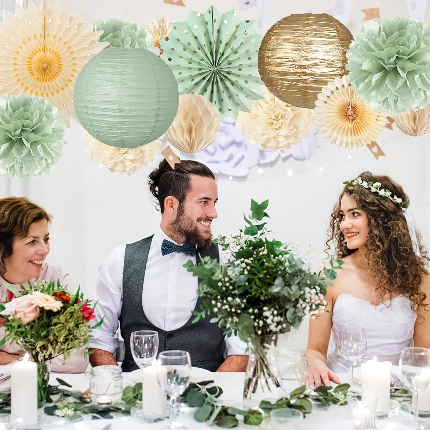 Sage Green Party Decorations Sage Green and Cream Paper Fans Paper Lanterns Pom Poms Flowers for Baby Shower Birthday Wedding Engagement Party