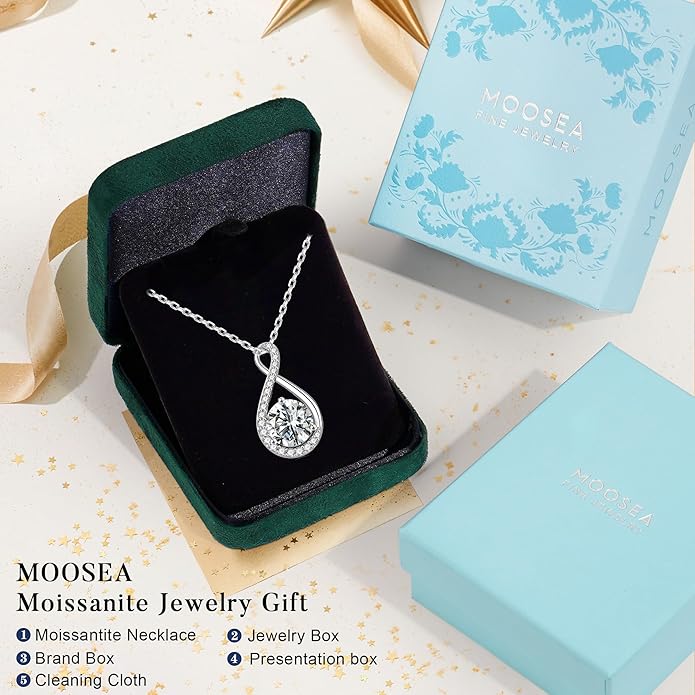 MOOSEA Valentines Day Gifts for Her - 1-3 ct Infinity Moissanite Necklace, Lab Created Moissanite 925 Sterling Silver Necklace, Anniversary Birthday Gifts for Women Wife Mom Girlfriend