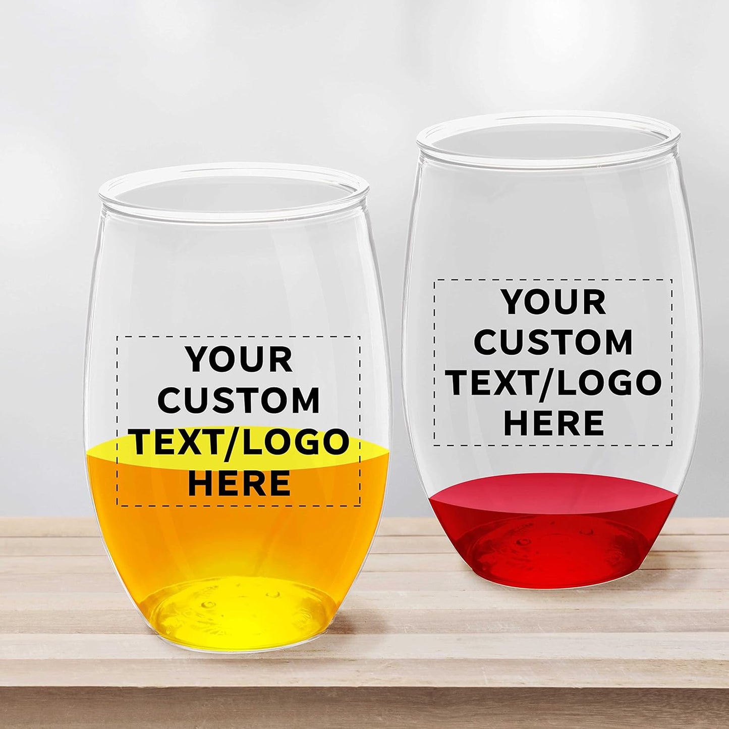 Custom Plastic Stemless Wine Glasses 16 oz. Set of 10, Personalized Bulk Pack - BPA Free, Great for Outdoor Lounges, Poolside, Parties and Other Events - Clear