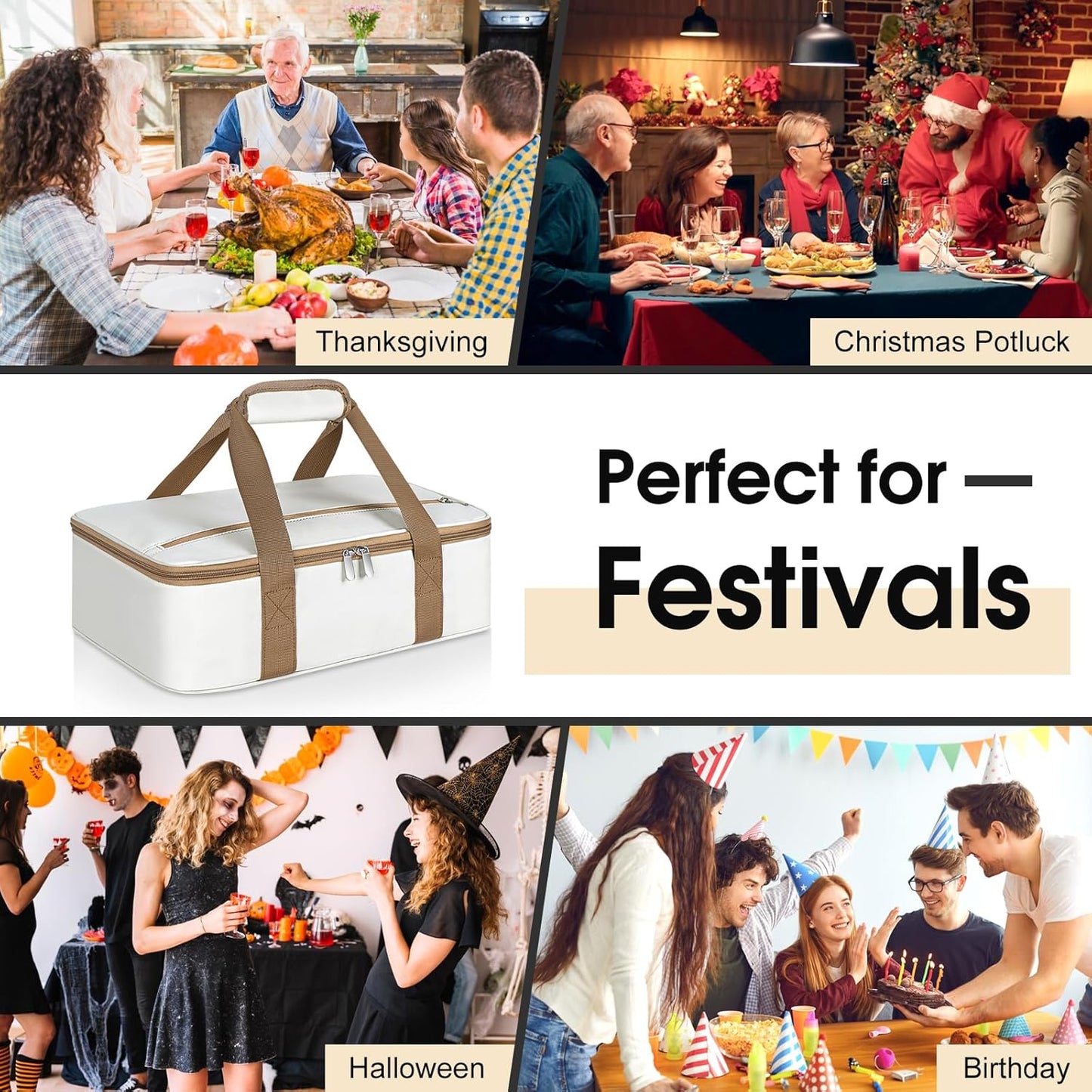 Insulated Casserole Carrier, Portable Casserole Carrier for Hot or Cold Food Lunch Tote Warmer or Cooler Bag, Lasagna Lunch Bag for Potluck Parties- Fits 9" x 13" Baking Dish-Beige