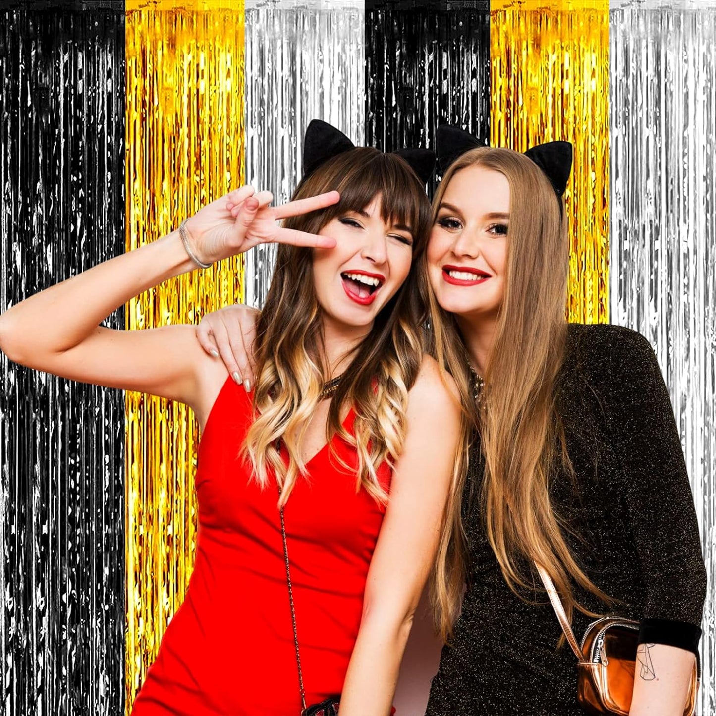 4 Pack Black Gold Silver Foil Fringe Curtain Backdrop, 3.28Ft x 6.56Ft Metallic Tinsel Foil Fringe Streamers for Photo Booth, Wedding, Notorious One Birthday Roaring 20s Graduation Party Decoration