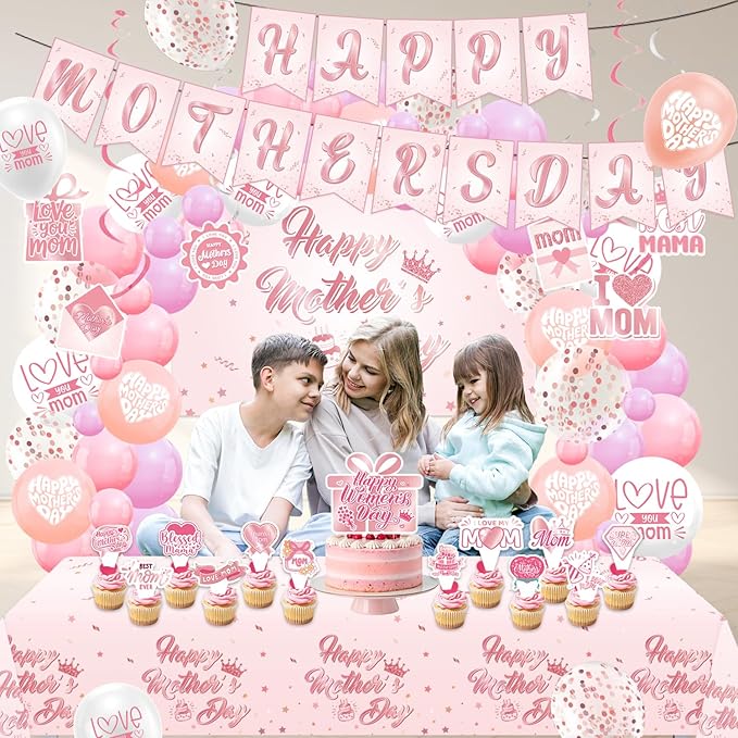 82Pcs Mother's Day Decorations - Rose Gold & Pink Party Supplies Kit, Includes Happy Mothers Day Banner, 59x39" Photo Backdrop, Tablecloth, Balloon Arch Garland & Cake Toppers for Mom Brunch Decor