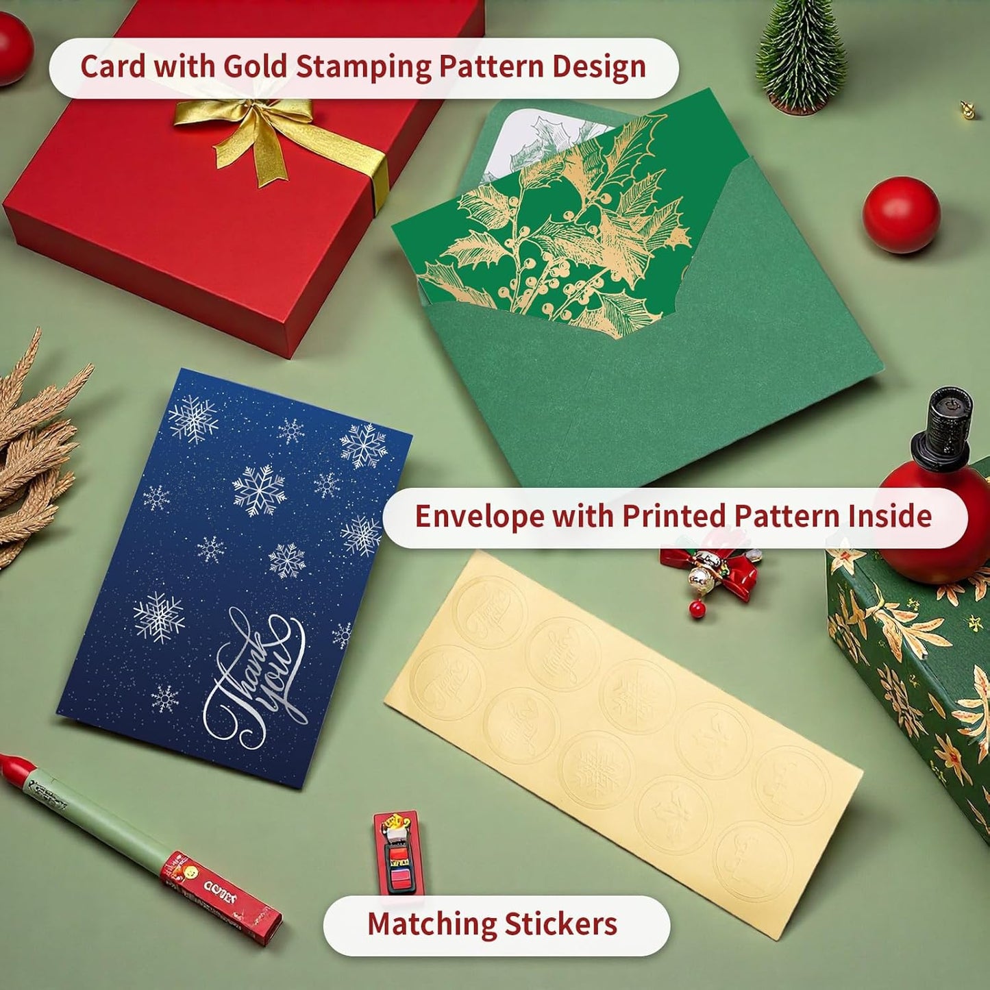 50 Pack Christmas Thank You Cards with Envelopes and Stickers, 5 Designs Foiled Christmas Cards, 4x6 Inch Holiday Thank You Card for Xmas, New Year