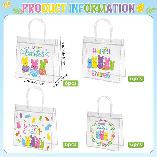 H1vojoxo Happy Easter Gift Bags - 24PCS Colorful Bunny Eggs Clear PVC Tote Bags with Handle Printed with Rabbits Eggs Clear Reusable PVC Gift Wrap Bags for Holiday Party Favor Easter Hunt Bag for Kids