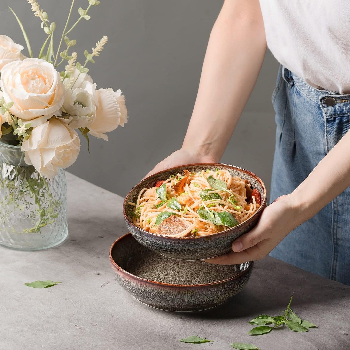 30oz Ceramic bowls set of 4-8" serving bowls for Kitchen,Pasta,Salad-Dishwasher & Microwave Safe Perfect for Housewarming, Thanksgiving, Christmas-Caramel Brown