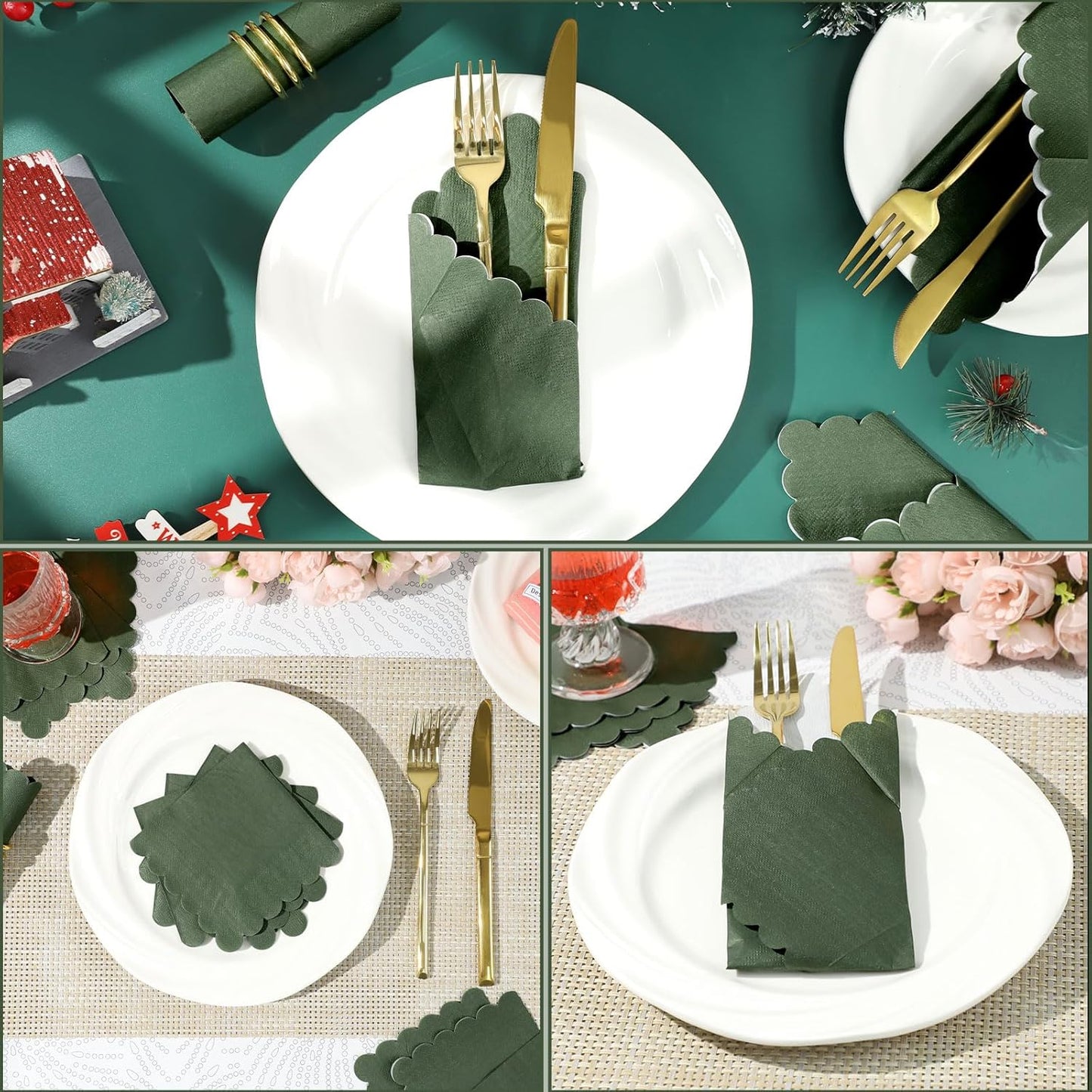 120 Pcs Cocktail Napkins Olive Green Napkins Disposable Scalloped Dessert Beverage Napkin Dark Green Dinner Napkin for Wedding, Bridal Baby Shower, Christmas, 5 x 5 Inch