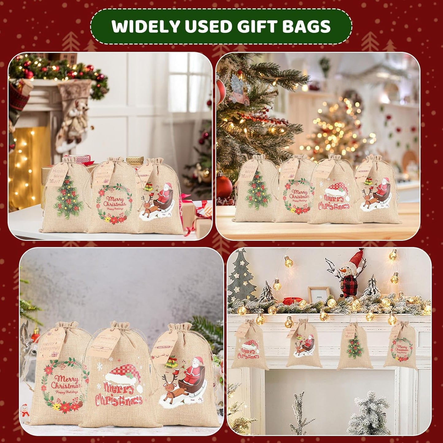 Tapleap Burlap Coth Christmas Bags with Drawstring, 7x10 Inches (Lot of 40) with Tags, String, for Wrapping Christmas Party Favors or Gifts for Coworkers, Classmates, and Friends