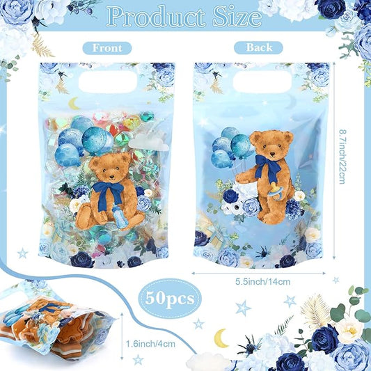 Blosssound 50 Pcs Bear Party Gift Bags Resealable Blue Baby Shower Plastic Bags Plastic Boy Bear Favor Pouches with Handles for Baby Shower Birthday Party Candy Gift Wrapping Supplies Decor