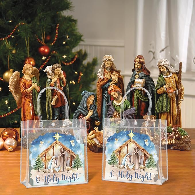 Aliceset 20 Pcs Christmas Nativity Gift Bags with Handles Clear Christian Christmas Goodie Bags Watercolor Holy Night Jesus Wrapping for Christian Holiday Decoration Religious Presents Wrapping